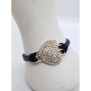 VTG Juicy Couture Rhinestone Heart Bracelet Black Cord Adjustable Crown Charm
